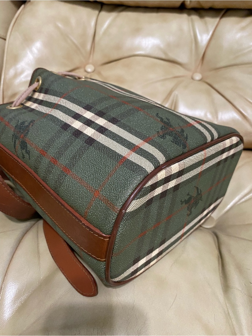 Vintage Burberry Sling Bag Drawstring Olive Haymarket Check Canvas Leather - Picture 8 of 16